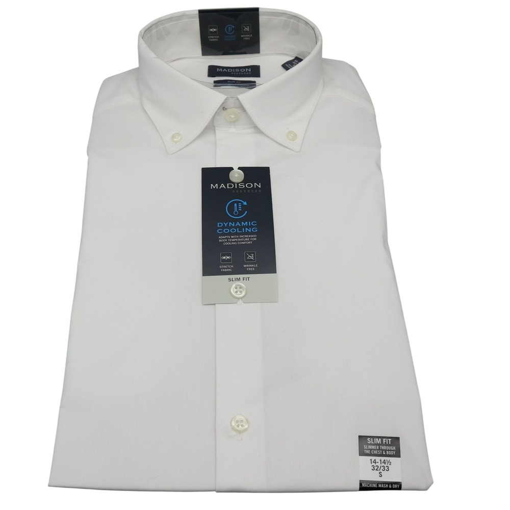 Madison Dynamic Cooling Performance Dress Shirt Mens S White Slim Fit Stretch
